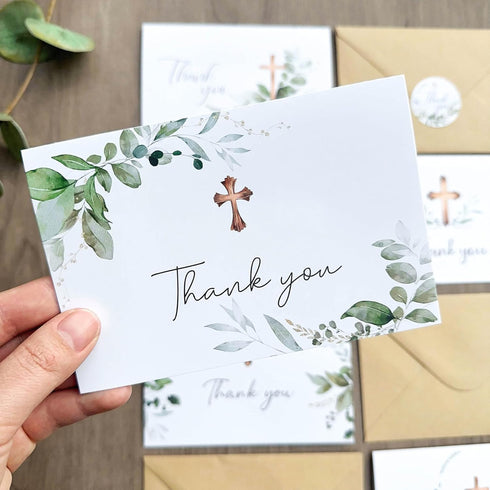 50 5 4 6in Communion, Thank You Cards with Envelopes, Watercolor Greenery Cross Designs x Blank Inside Thank You Card