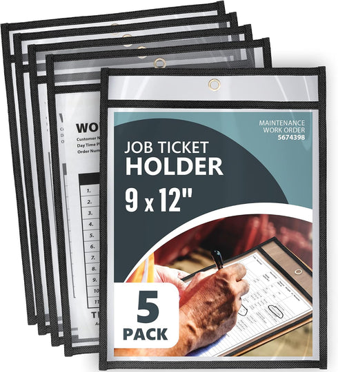 5 Pack Job Ticket Holders 9x12 - Work Order Plastic Sleeves for
