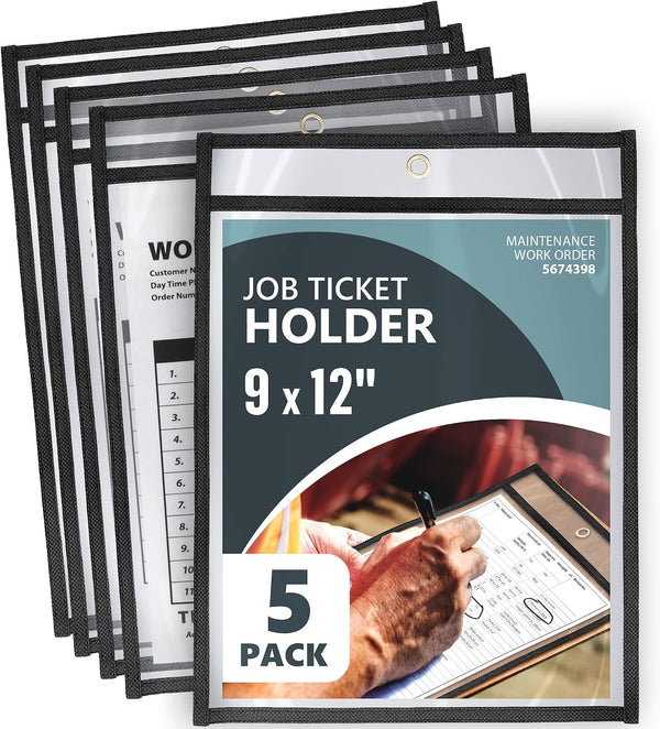 5 Pack Job Ticket Holders 9x12 - Work Order Plastic Sleeves for