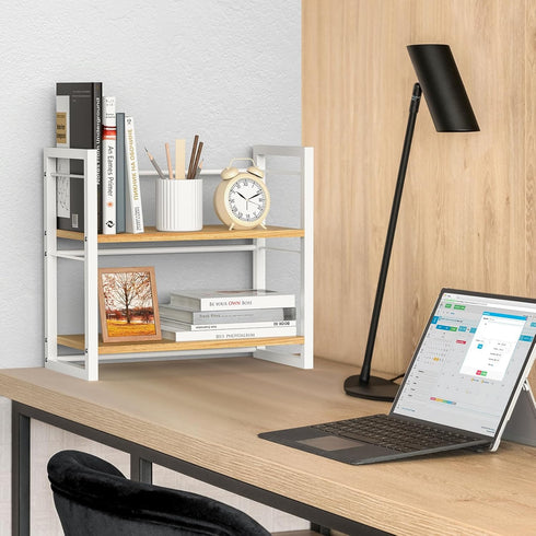 Office Desk Shelf Organizer - Wood Desktop Bookshelf Supplies Storage Rack, 2 Tier Shelf for Desk and Dresser