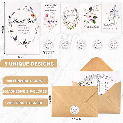 C2U Envelopes(100 Pack 4"x6"),Stickers Funeral Thank You Cards with & Message Inside - Wildflower Bereavement Sympathy