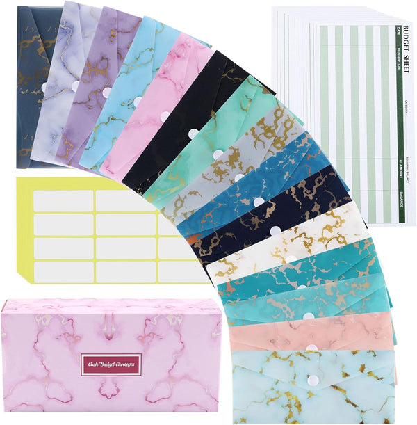 Lpraer 15 Pack Cash Envelope for Budgeting, Money Envelope with Budget Sheet Sticker Box for Saving (Marble)