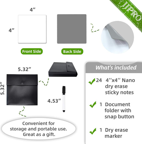 Dry Erase Sticky Notes, Reusable Whiteboard Stickers, 4"x4", 24 Pack for Labels, Lists, Reminders, Washable