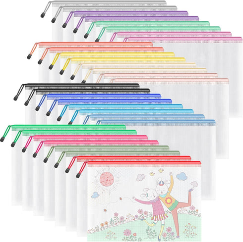 Umriox 32PCS Mesh Zipper Pouch Bags - Zipper Bags for Organizing, A4, Letter Size Storage Bags for School Office