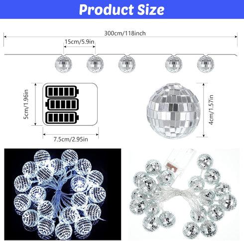 40 70s 9.8 Cunno LED Disco Ball String Lights Decorations ft Mirror Disco Light Battery Operated Ball Globe Ornaments