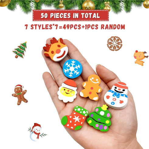 ZAKVOOR 50 Pcs Large Christmas Pencil Erasers Bulk for Classroom, Party Favor, Gift Filling