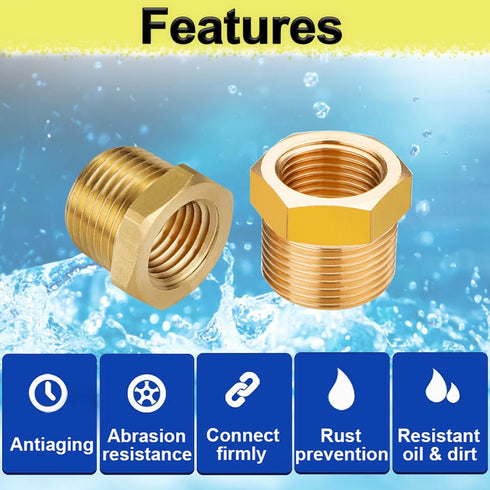 ZOUNI 2 Pcs Brass Reducer Hex Bushing, 1/2" NPT Male to 3/8" NPT Female Heavy Duty Pipe Fitting Adapter