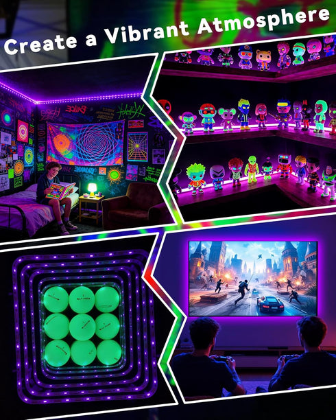 16.4FT 300LEDs Black Light Strip with USB Plug + Battery Box, Adhesive Blacklight Fixture, Battery & USB Operated