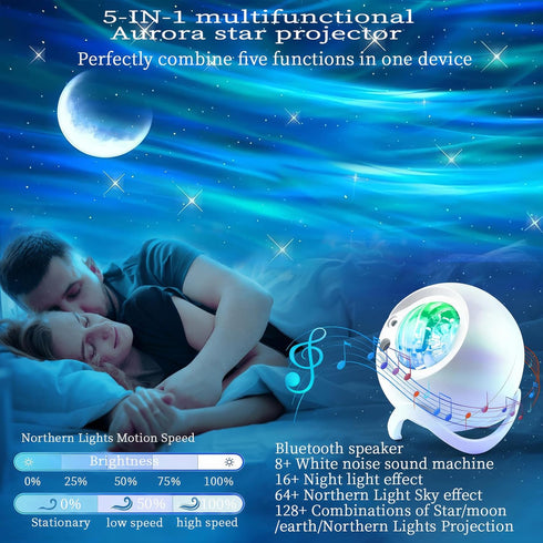 60+ Aurora Northern Lights Projector: Light Effects White Noise Stars Sky Moon Lights for Bedroom Bluetooth Remote
