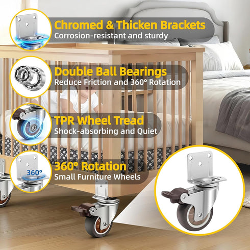 2 Inch Set 4, 600 LBS, Side Mount Casters of Thickened L-Shaped Caster Wheels for Furniture, Total Capacity No Noise