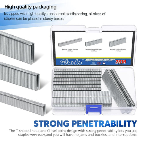 Glarks 2816Pcs 18 Gauge Narrow Crown Staples, 1/2", 3/4", 1" Galvanized Assortment Kit for Electric Stapler