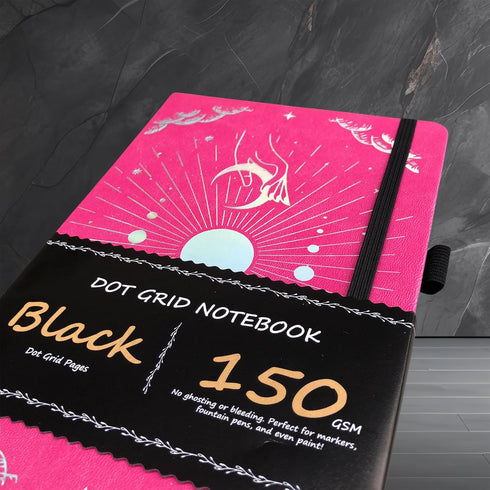 BUKE Dotted Journal - A5 Size PU Leather Hardcover Sketch Notebook, 160 Pages, 150gsm Black Paper, 5*5mm Dot Grid (Rose