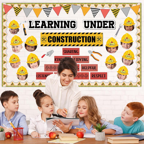 Set gisgfim Construction Bulletin Board Decorations Learning Under Construction Paper Cutouts DIY Photo Helmet