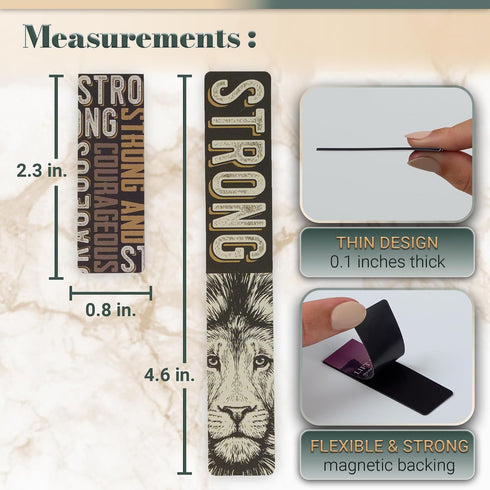 Set Set 6, Christian Art Gifts Magnetic Scripture Bookmark/Pagemarker for Men: Strong & Courageous Lion