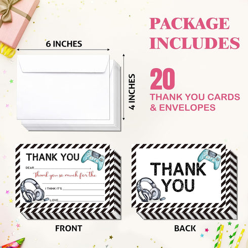 FTRZX 20 Pack 005 Video Games Kids Thank You Cards, Gamer Thank You Card For Birthday Party, Kids Birthday Cards Fill