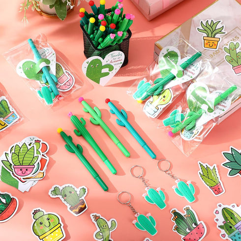 Sayglossy 24 Sets Cactus Party Favors Cute Themed Gifts Bulk Cactus Ballpoint Pen Cards Stickers Keychain Gift Bags