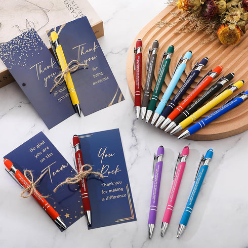 Qilery Employee Appreciation Pens, Black Ink Metal Inspirational Ballpoint with Stylus Tip, 48 Set with Thank You Cards