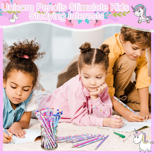 Unicorns Pencils, Rainbow HB Pencils, Erasable Cute Graphite Pencil, Birthday Party Supplies, 36
