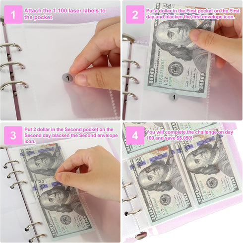 Whaline 100 Envelopes Money Saving Challenge Binder Kit, Easy and Fun Way to Save $5,050 with Cash Envelopes