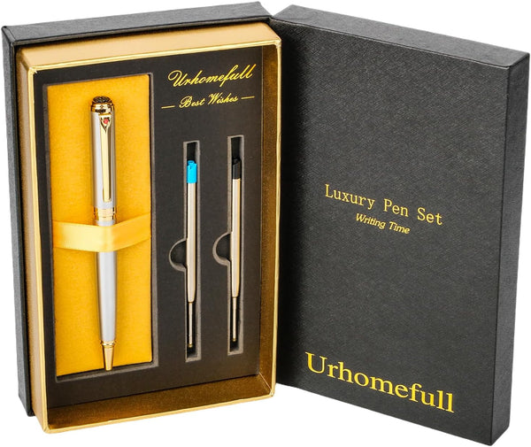 Luxury Ballpoint Pen Gift Set, 24K Gold Trim, Black Ink Refills, Fancy Writing Pens for Men Women, Christmas Silver