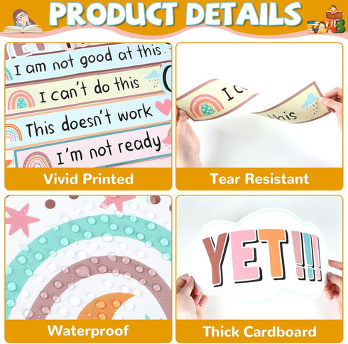 Boho The Power of Yet Classroom Bulletin Board Decoration, Rainbow Motivational Growth Mindset Cutouts for School