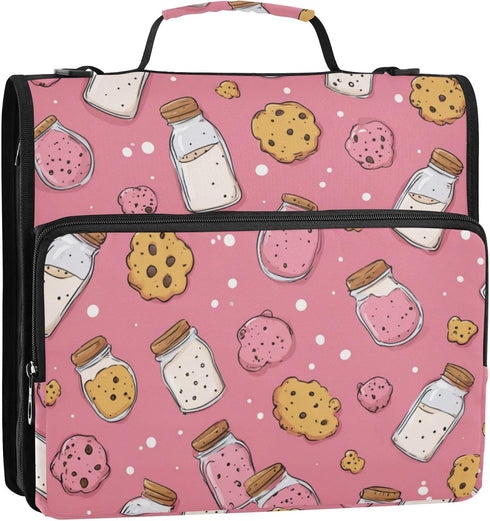 Fisyme 3 Cookies Milk Bottles Pinks Zipper Binder Ring with Zipper and Shoulder Strap Large Capacity Multi-Pocket