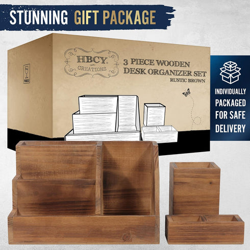 HBCY Creations 3 PIECE Rustic Wooden Desk Organizer Set, Rustic Mail Organizer for Desktop, Great for Rustic or