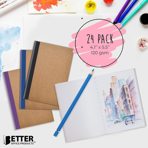 Better Office Products 24 Pack Small Kraft Notebooks, 4.1 in x 5.5 in, 120gsm, 48 Heavyweight Unlined Pages