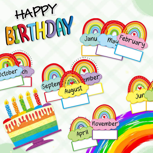 Rainbow Happy Birthday Bulletin Board Sign with Cloud Accents Cutouts for Celebrations, Calendars, and Classrooms Decor