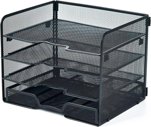 SETTFRFE 4-Tier Mesh Paper Letter Tray, Desk Organizer with Sliding Drawer, Black Office Supplies for Home Office