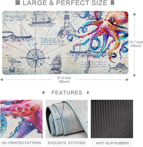 Large Gaming Mouse Pad, Grey Desk Mat for Desktop, Non-Slip Octopus Design, 31.5" x 15.7", Cool Computer Desk Pad