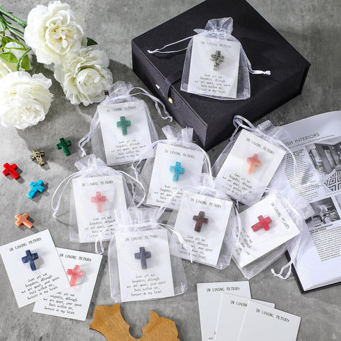 50 Sets Chunful Celebration of Life Favors Christian Pocket Token Bulk Cards with Cross Crystal Stones White Organza