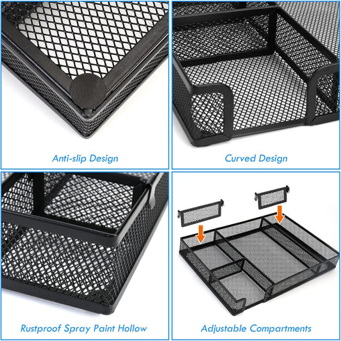 Desk Drawer Organizer Tray, Adjustable 6 Grid Metal Mesh Storage Box for Office, Home, School Supplies, 12.6X9X1.9