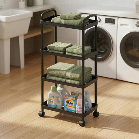 4-Tier (Black-2pcs) Rolling Utility Cart with Handle Multi-Functional Storage Trolley with Wheels, Movable Organizer