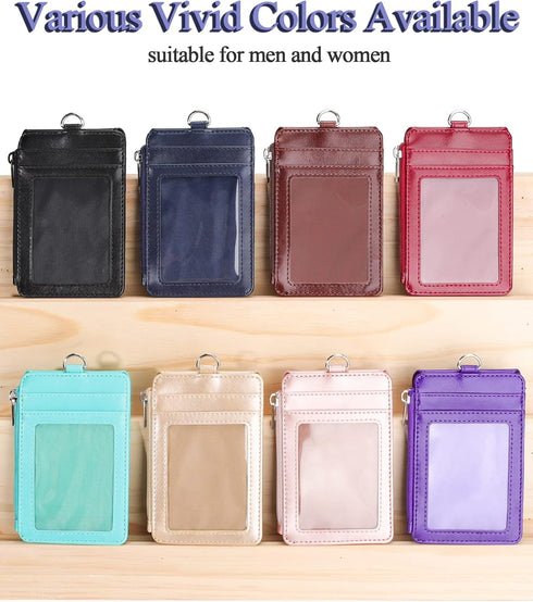 Teskyer Badge Holder with Side Zip Pocket, Leather ID Holder Wallet with Neck Lanyard for Office Staffs