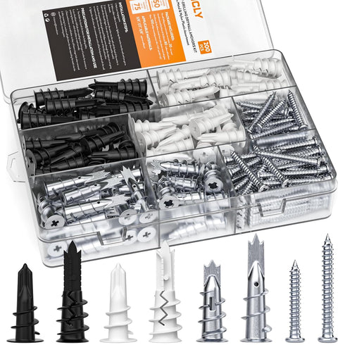 INCLY 200PCS #8 Drywall Anchors Kit, Self Drilling, 100 Zinc Metal & Plastic Dry Wall Anchors and 100 Philips Screws