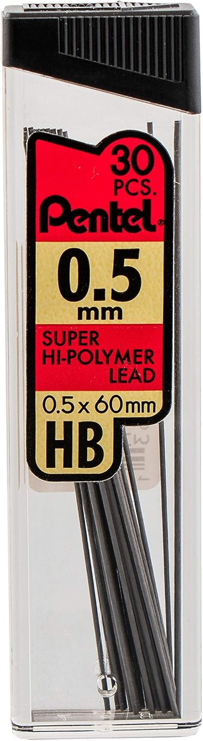 Pentel C257BPHB6 Super Hi-Polymer Lead Refills, 0.5mm, 0.7mm, HB, Black, 30/Tube, 6 Tubes