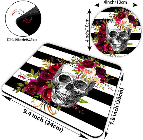 Gaming Mouse Pad and Coasters Set, Skull Flower Mousepad, Non-Slip Rubber Rectangle Mouse Pad