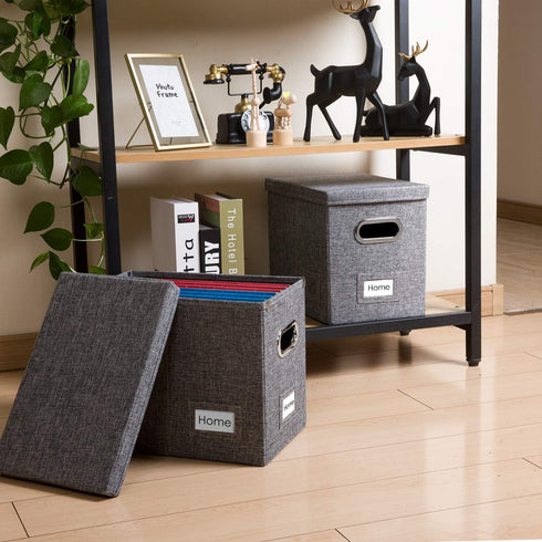 PRANDOM File Organizer Box Set of 2, Collapsible Decorative Linen Filing Storage with Lids, Office Cabinet Letter Size