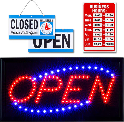 Neon Open Sign for Business, Horizontal LED Sign with Flashing Mode, Includes Business Hours