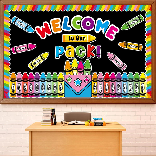 Welcome to Our Pack Crayon Theme Bulletin Board Decorations Set, Colorful Crayons Name Tags for Classroom Decor