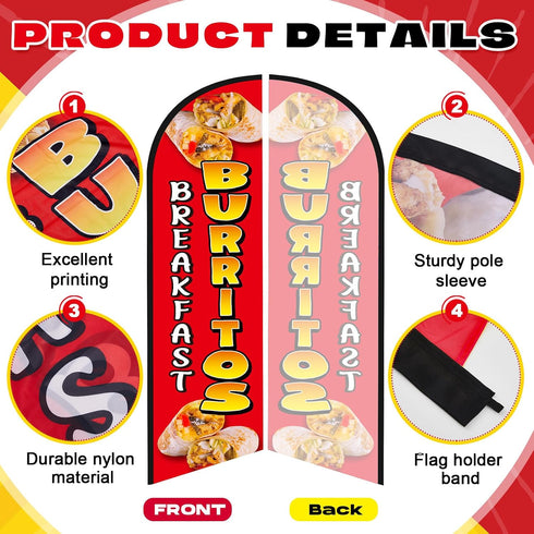 HunnmingRe 15 ft Breakfast Burritos Feather Flag Kit Breakfast Burritos Sign Mexican Food Swooper Flag Banner