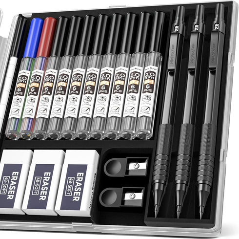 Nicpro 2.0 Mechanical Pencil Set, Black Metal, 3 PCS with Case, Drafting Lead Holder, Graphite Lead Refill & Colors
