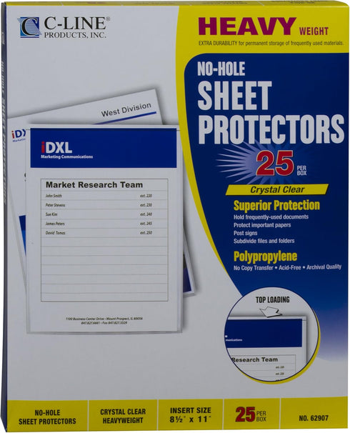 C-Line Top Loading Heavyweight Poly No-Hole Sheet Protectors, 8.5 x 11 Inches, 25 per Box