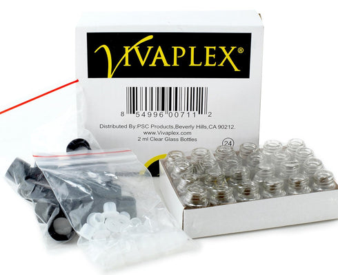 Vivaplex 24 Clear 2 ml (5/8 Dram) Glass Bottles with Black Caps and Orifice Reducers