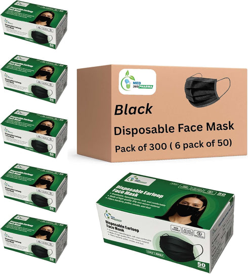 300 Pack 3 Black Ply Disposable Face Mask, Breathable Non Woven Layers Soft Earloop, Comfortable Fit for Adults Daily