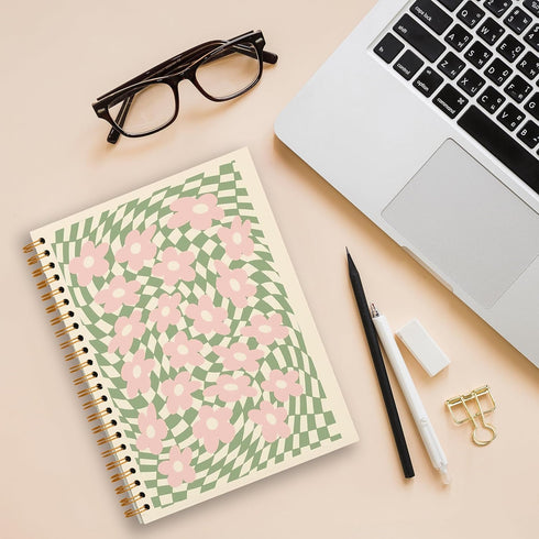 Retro 70s Groovy Pink Flower Sage Green Distorted Checkered Lined Hardcover College Ruled Spiral Notebook Journal for Work Notes Journaling 5.5×8.3 Inch,Gifts for Flower Lovers Women Teen Girls by Tizzer
