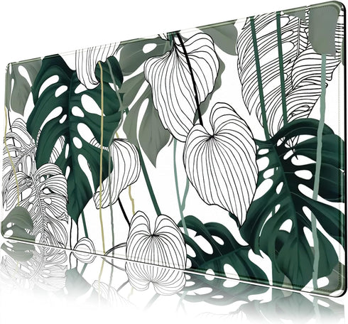 Desk Mat Green Plant Leaf, Large Mouse Pad for Women Office Decor, XXL Mousepad 31.5''X15.7'' Non-Slip Rubber Base