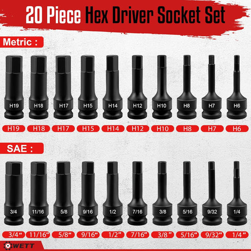 1/2" Set, 20 Set, Set, (1/4" 3/4", 6-19mm) WETT Drive Master Impact Hex Bit Piece Hex Driver Socket Allen Bit Socket