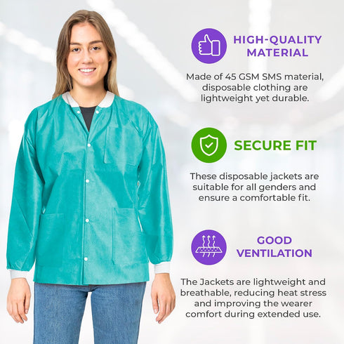 45 3 AMZ Medical Supply Disposable Lab Jackets, GSM SMS, Snap Front Coat with Knit Cuffs Collar & Pockets, Hip Length